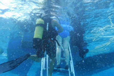 Next day took Aquasafari - AKA helmet diving. (Ruth coming down ladder. Ears were killing me - ouch!)