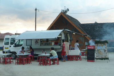 Roulotte (food truck) in Vaitape 6 PM. They are popular on French Polynesian islands.