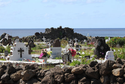 Cemetery with lots of volcanic lava & rocks