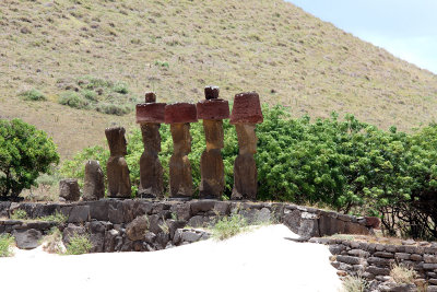 Moai with pukaos (headdresses) from back, Anakena