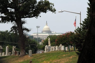 U.S. Capitol & part of Mt. Olivet cemetery, statue & flag (shot from Azalea Rd)
