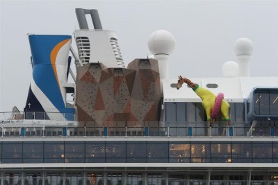 We pulled up near the huge, ugly, baby blue-hulled Anthem of the Seas.  I DID, however, like the giraffe up top!