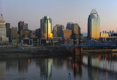 Dawn on the Ohio River, looking at downtown Cincinnati 