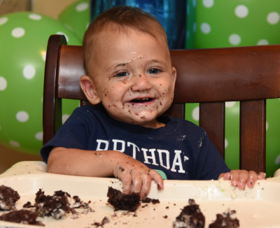 AJ's first birthday cake destroyed in a minute!