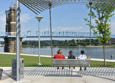 Ohio River view.  Suspension bridge was built by John Roebling in the 1860s, 30 years before he built the Brooklyn Bridge