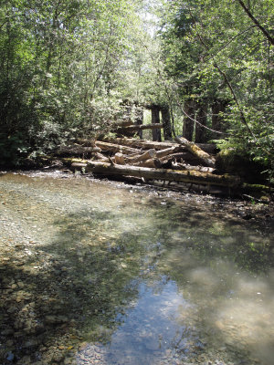 The remains of a bridge next to where the road now fords the creek.