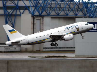 Ukraine Govt.departing Toulouse after a visit to the A320 production plant, this aircraft was over outside the A320 hangar!!