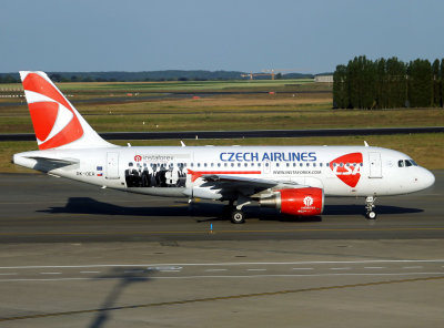 At Brussels departing with her promotional logos..