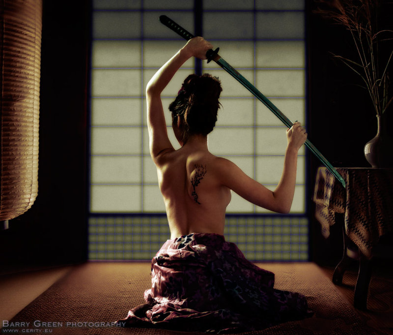 model: Yuki Kimura with tattoo, samurai sword, tatami mats, lantern & shouji screen
