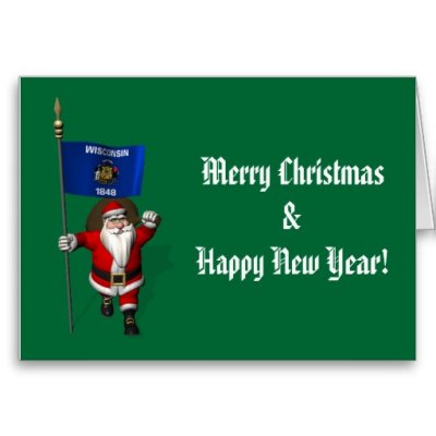 Santa Claus With Flag Banner Ensign Of US State * Wisconsin