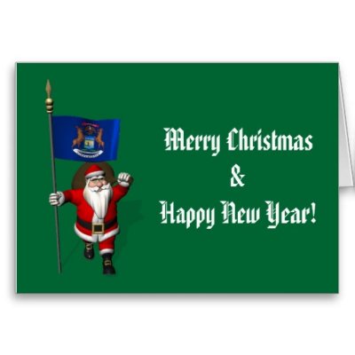 Santa Claus With Flag Banner Ensign Of US State * Michigan