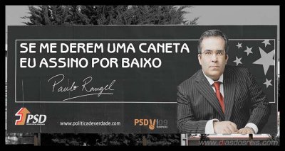 Cidado transmontano: - Estamos aqui muito abandonados! Os nossos filhos tm de emigrar...
P.C. Rangel, no seu timbre canarrachadista de perptua vtima de bulingue: - Abandonados?! No esto nada! Esto a uma hora e um quarto do mar. Podem ir  praia todos os dias.

Sensibildade social. Este, pelo menos, nem se d ao trabalho de fingir...