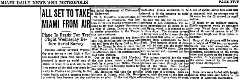 1924 - article about first aerial mapping of Miami with Andrew Heermance as pilot of the Curtiss aircraft