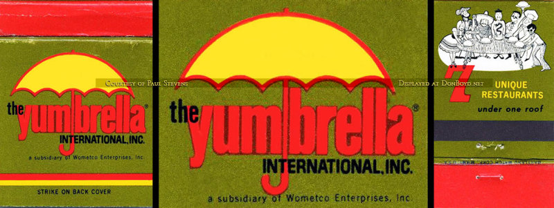Early 1970s - matchbook cover on both ends for the Yumbrella Restaurant chain owned by Wometco Enterprises