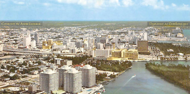Late 1960s / early 1970s - aerial view of the Brickell area, Claughton Island and downtown Miami 