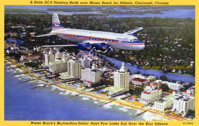 1952 - a postcard depicting a Delta Air Lines DC-6 flying off of Miami Beach enroute to Atlanta, Cincinnati and Chicago
