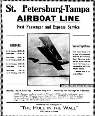1914 - advertisement for St. Petersburg-Tampa Airboat Line, the first commercial winged air service