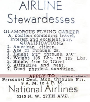 1950's or early 1960's - National Airlines newspaper advertisement for stewardesses