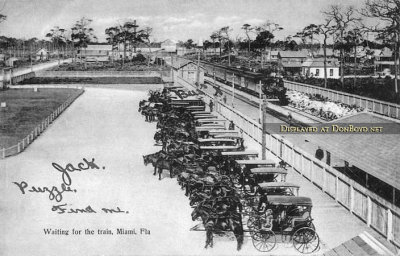 1890s to early 1900s - Miami's first railroad station with horses and carriages waiting to transport passengers
