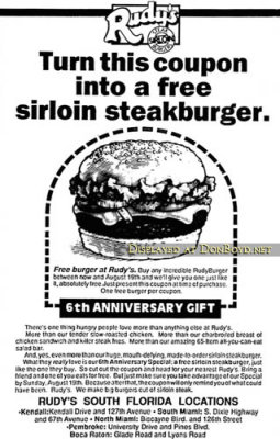 1990 - coupon ad for 6th anniversary of Rudy's Sirloin Burgers