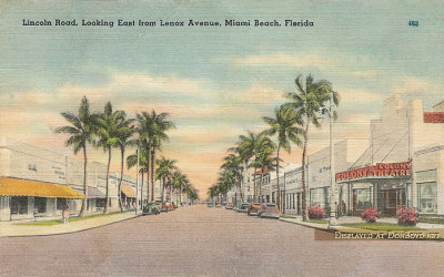 1949 - postcard depicting Lincoln Road looking east from Lenox Avenue with the Colony Theatre on the right, Miami Beach