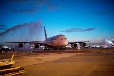 2014 - water cannon salute for the inaugural Air France A380-861 F-HPJH flight from Paris to Miami at night