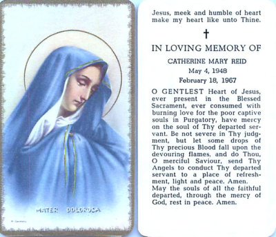 Prayer card for Cathie Mary Reid, 5/4/48 ~ 2/18/67