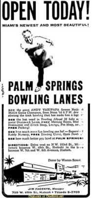 1959 - newspaper advertisement for the grand opening of Palm Springs Lanes on March 1st