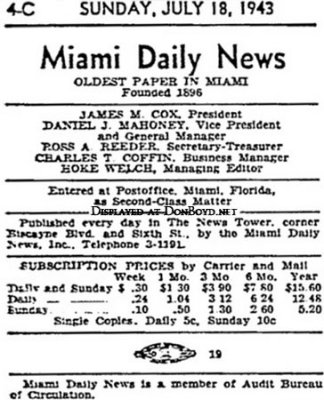 1943 - publication information about the Miami Daily News, oldest newspaper in Miami