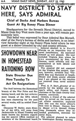 1943 - Miami Daily News article about the Navy deciding to keep the 7th Naval District at Miami