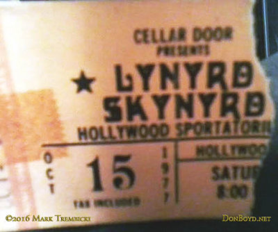 October 15, 1977 - Hollywood Sportatorium ticket stub for the  Lynyrd Skynyrd concert event