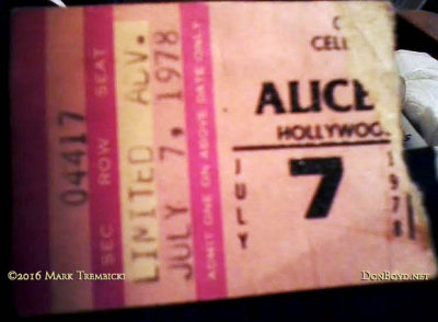 July 7, 1978 - Hollywood Sportatorium tick stub for the Alice Cooper concert event