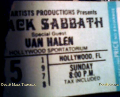 November 5, 1978 - Hollywood Sportatorium ticket stub for the Black Sabbath with Special Guest Van Halen concert event