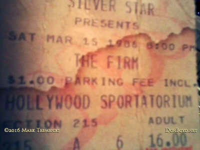 March 15, 1986 - Hollywood Sportatorium Budweiser-stained ticket stub for The Firm concert event