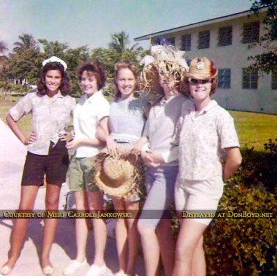 1962 - Pam Milu, Ava Frosh, Margaret Love, unknown and Jill Bibeault before the ICS 8th grade beach party
