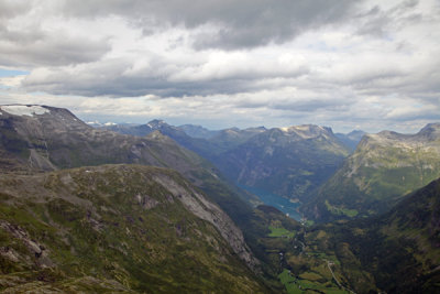 Distant view of Geiranger Fjord from Mt. Dalsnibba, Norway.