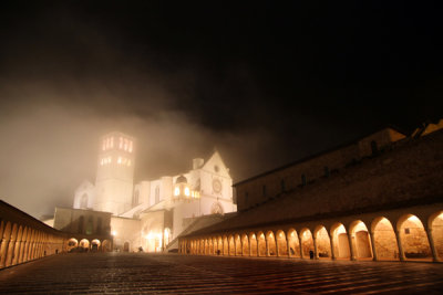 At night - Piazza and Basilica San Francesco in the mist...Assisi