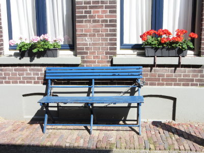 Blue bench and windows