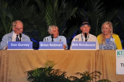 2013 Amelia Island Concours: GT40 seminar panel members Dan Gurney, Brian Redman and Bob Bondurant, with wife Pat (9118)