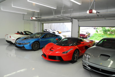 From left, Alfa Romeo 8C Spider, BMW i8, LaFerrari, Ferrari 550 Maranello (0844)