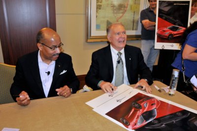 Ed Welburn, left, GM global design vice president, and Peter Brock, after Corvette seminar, Amelia Island Concours, 2013 (8925)