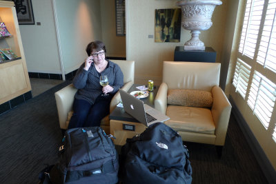 Taking a break in the lounge prior to our flight.