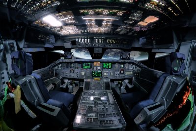 NASA Rockwell Space Shuttle cockpit, orbiting the earth.