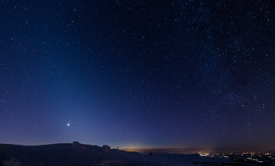 Zodiacal light enveloping Venus and Mars (left), and the Winter Milky Way (right)