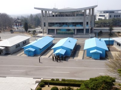Joint Security Area Looking Towards an Empty South Korean Side at Freedom House - Blue is UNC and White is PLA (NK)
