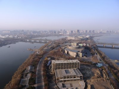 Yanggak Island - Health Complex Construction Site, International Cinema Hall, Yanggak Bridge and Yanggakdo Stadium - Morning