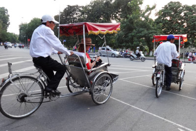 Fran returning to the Aranya Hotel via rickshaw - Hanoi, Vietnam