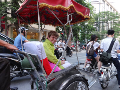 Janet returning to the Aranya Hotel via rickshaw - Hanoi, Vietnam