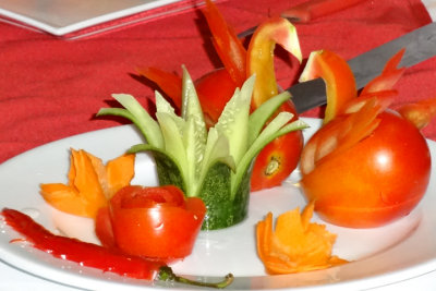 Finished product of our lesson on how to prepare garnishes - aboard the Treasure Junk in Ha Long Bay, Vietnam