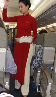 An elegant Vietnam Airlines' flight attendant - on our evening flight from Hanoi to Danang, Vietnam 